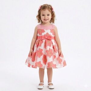Pink Butterfly Girls Baby Dress SZ 12M Lined Floral Pink w/ Beads & Rhinestones